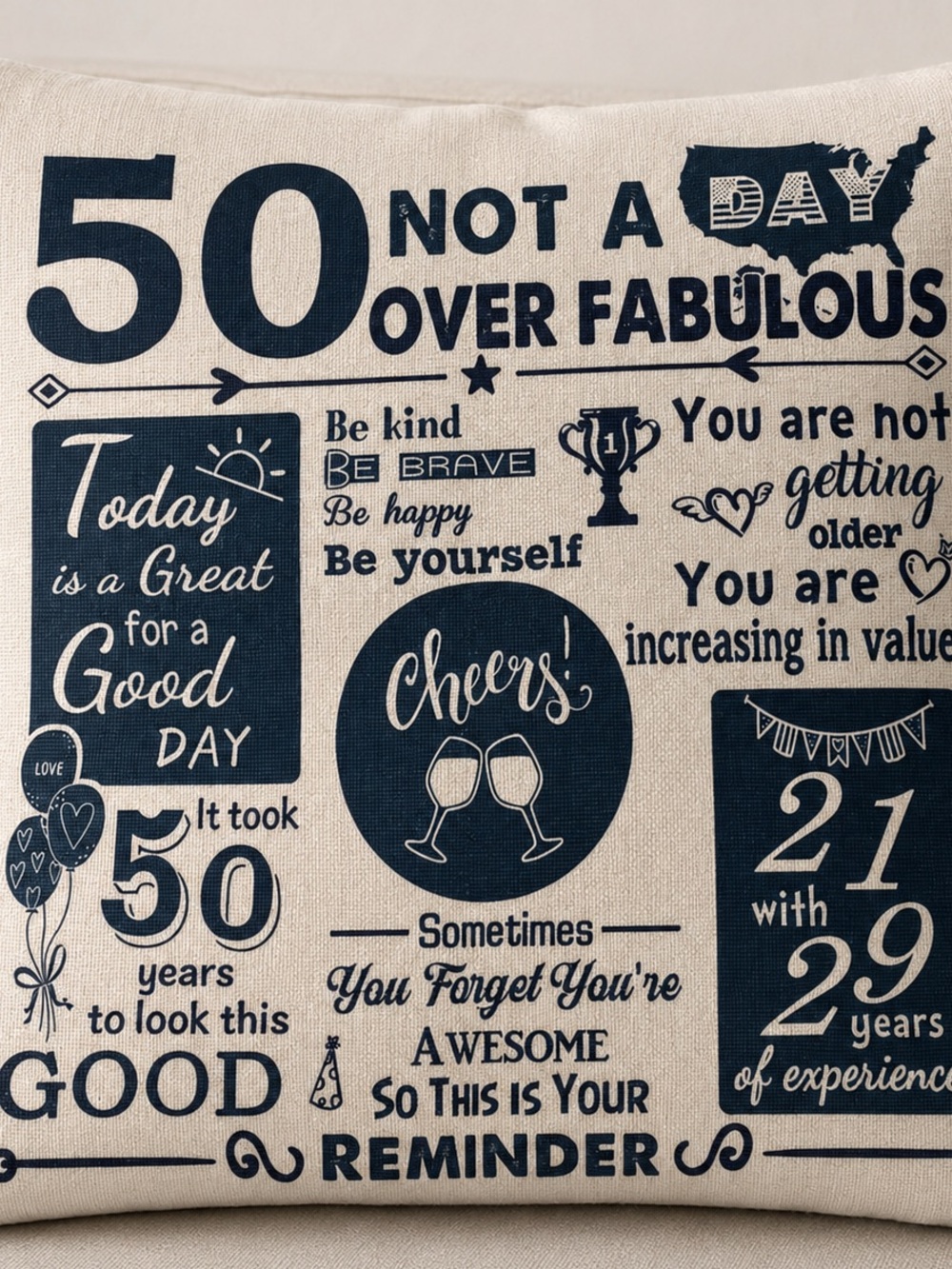 50 Not A Day Over Fabulous Printed Accent Pillow Cover - Black on Cream